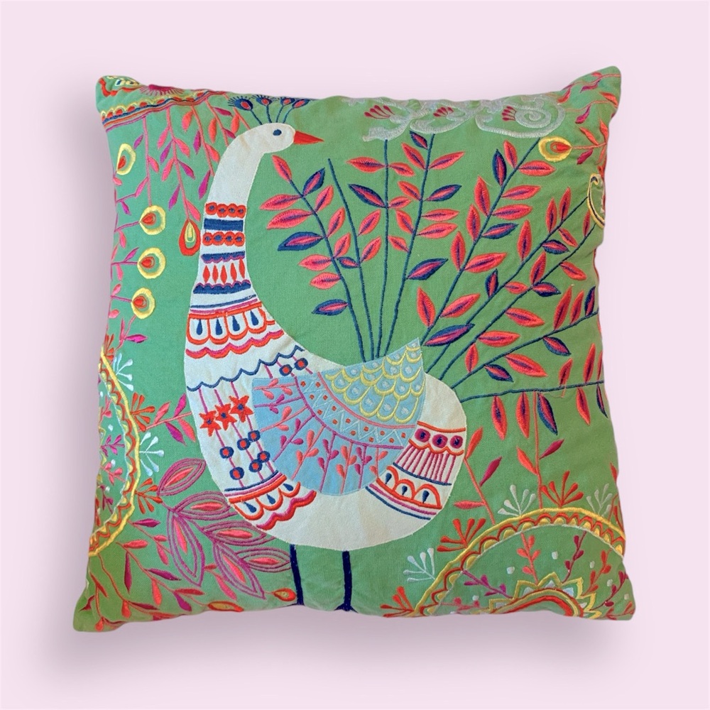 Embroidered Peacock Pillow